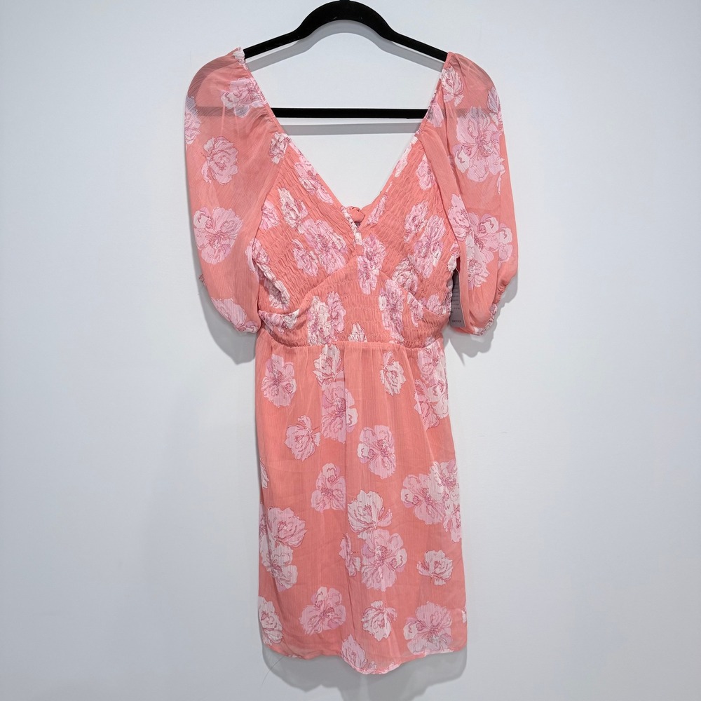 COLLECTIVE CONCEPTS Pink Floral Smocked V Neck Tie Back Mini Dress Women's M NEW